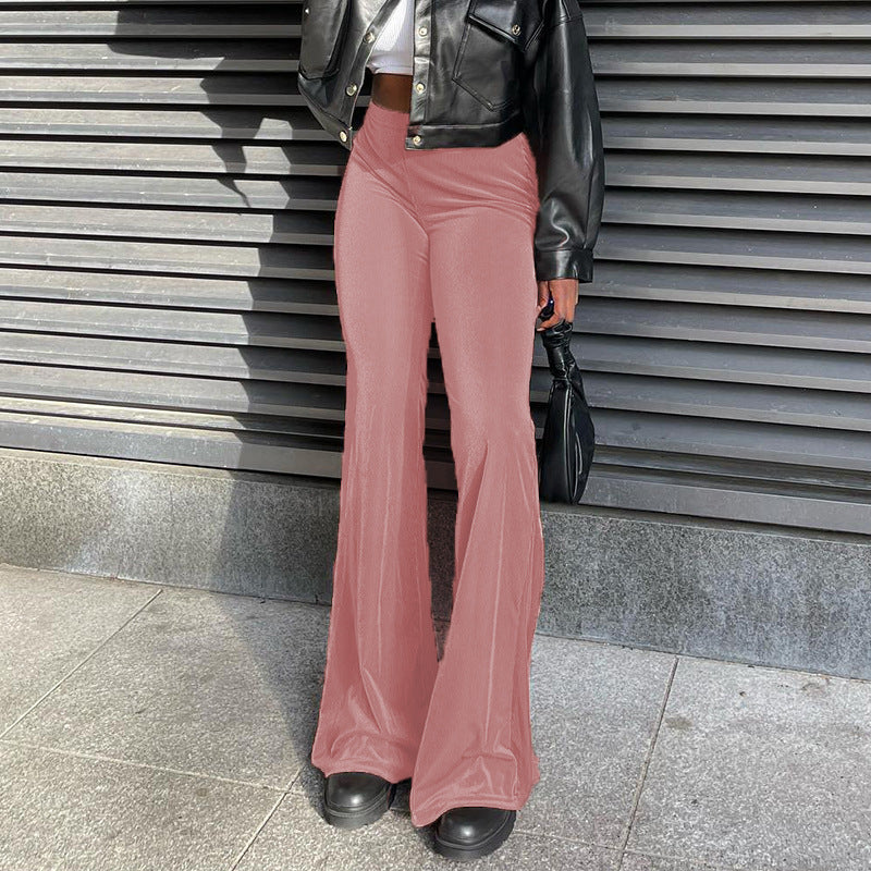 Solid Color Velvet Elastic High Waist Slim Casual Flared Pants Women's Fashion Trousers