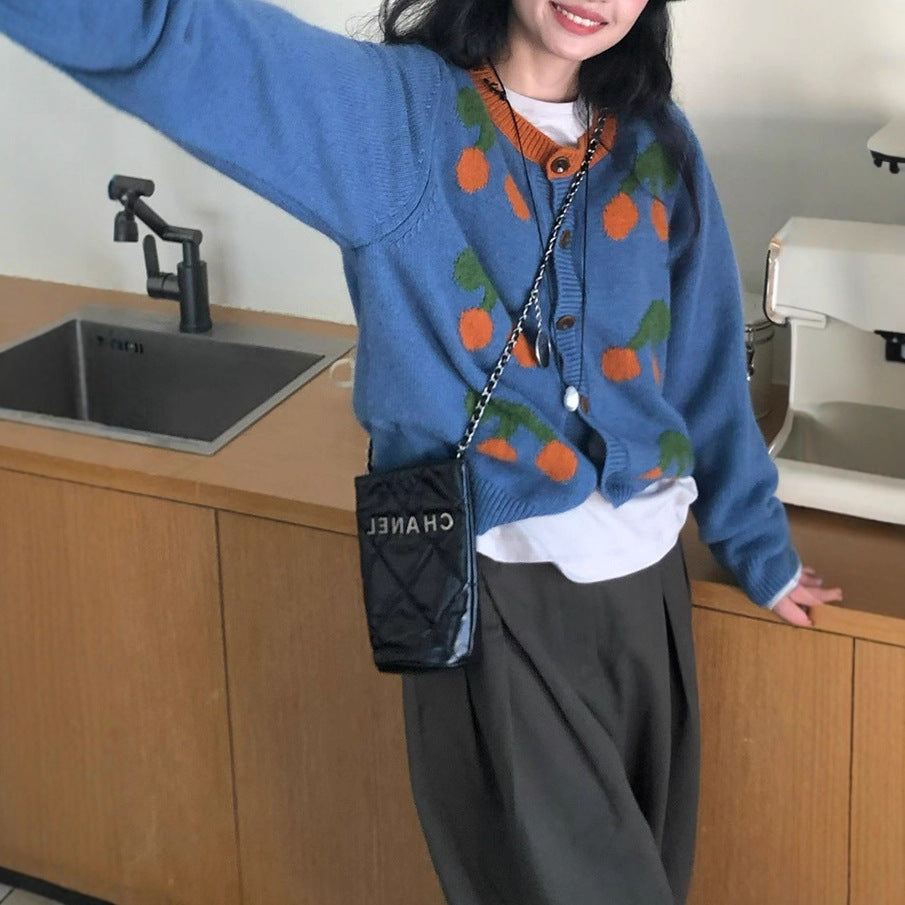 Round Neck Contrast Color Knitwear Cherry Embroidery Jacquard Women's Sweater