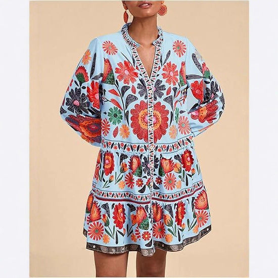 Floral Print Short Bohemian Beach Long Sleeve Button-down Flowy Blouse Dress