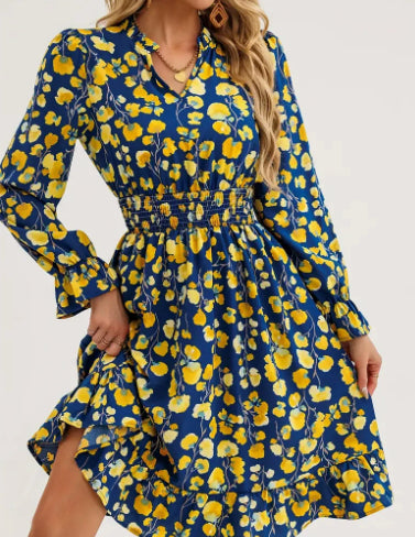 Womens Floral Patchwork Long Sleeve Dress