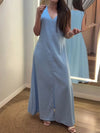 Womens Solid Color V Neck Sleeveless Casual Loose Cotton Linen Dress