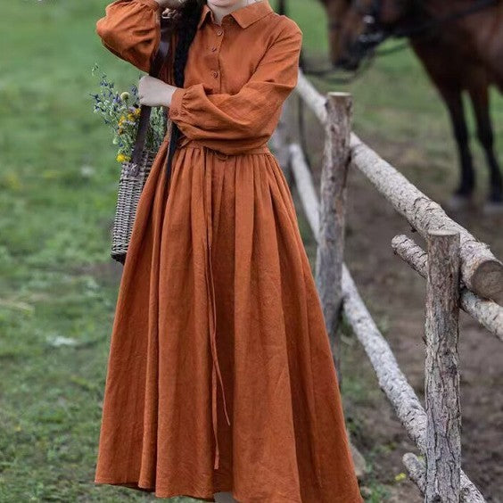 Gonna artistica in lino tinta unita autunnale da donna