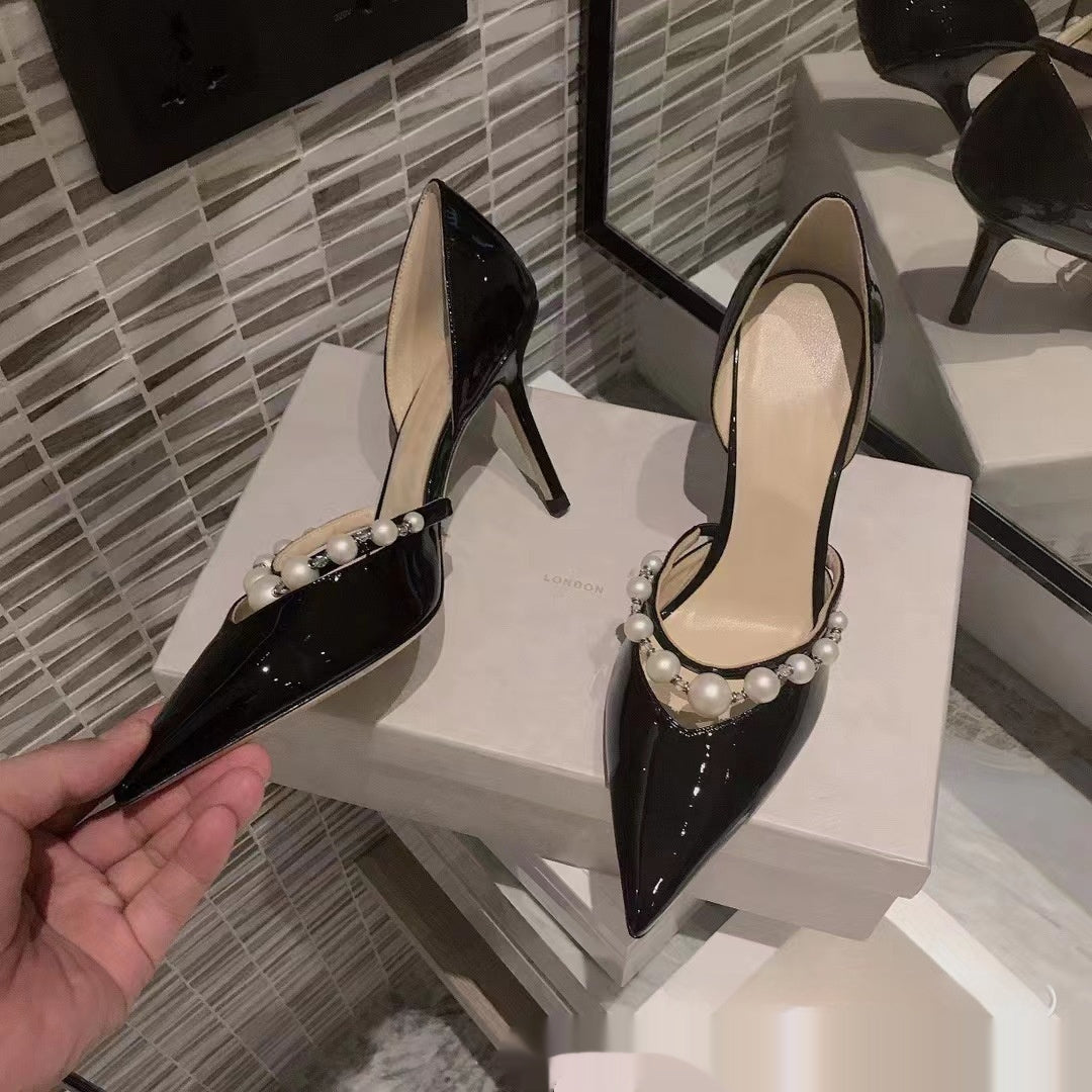 Pointed Patent Leather High Heels Women's Stiletto Heel Pearl