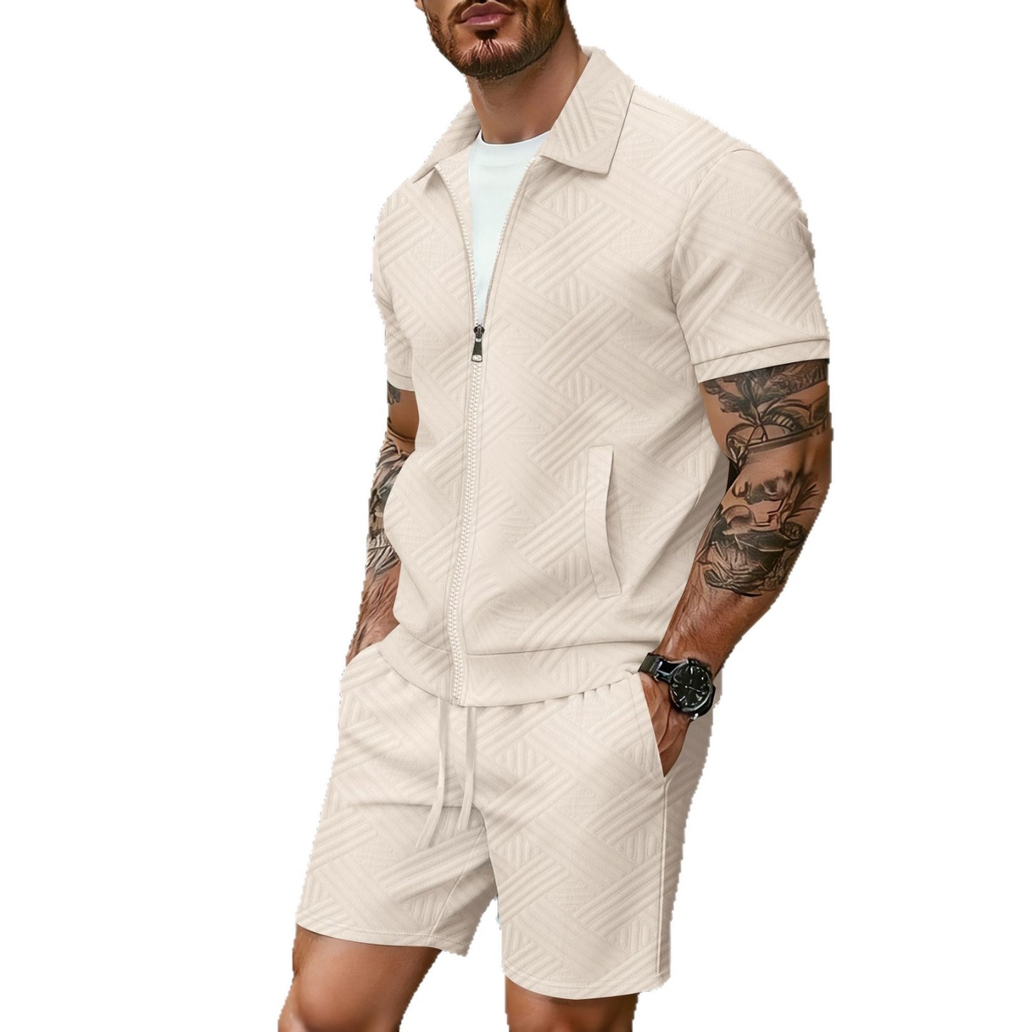 Cardigan con cerniera in jacquard, giacca a maniche corte e pantaloncini abbinati