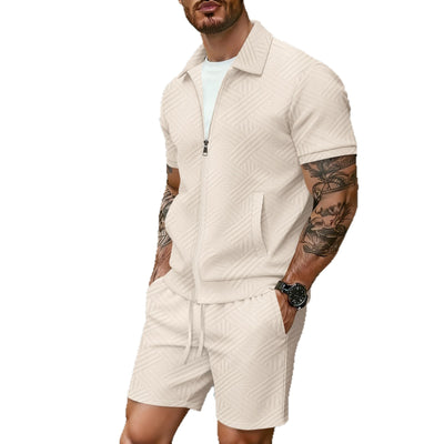 Cardigan con cerniera in jacquard, giacca a maniche corte e pantaloncini abbinati