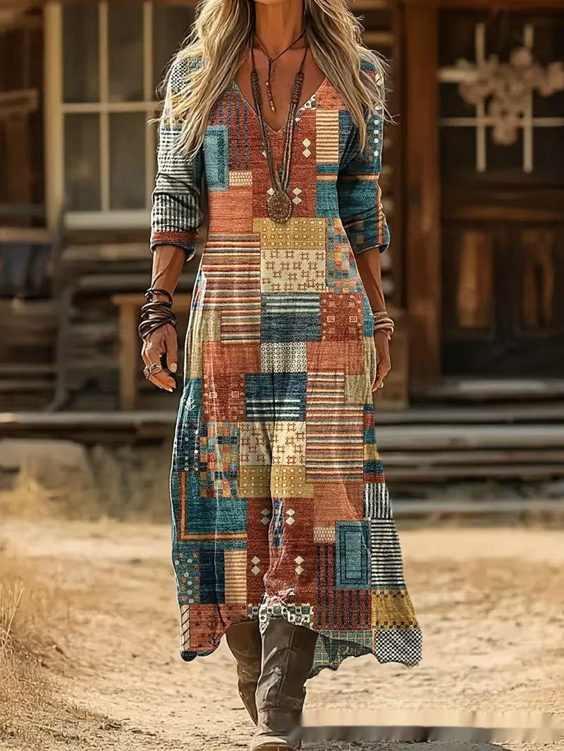 Womens 3D-printed V-neck Long-sleeve Dress