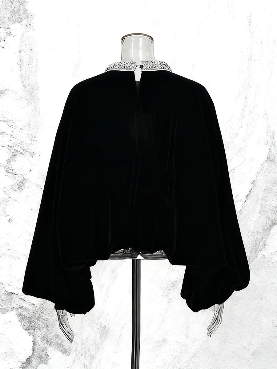 Round Neck Rhinestone Loose Solid Color Pullover Shirt