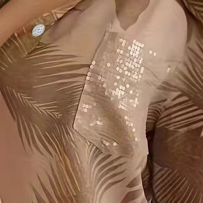 Relaxed-fit Casual Long-sleeve Printed Sequin-pocket Blouse