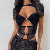 Sexy Lace Stitching Short Sleeve Hollow-out Top High Waist Straight Bootcut Pants Suit