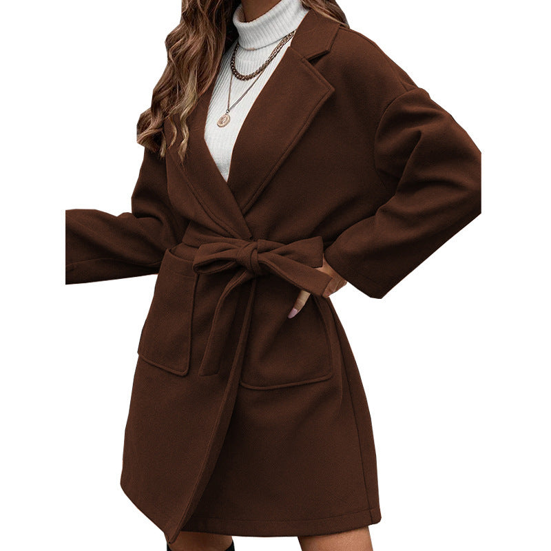 Minimalist Long Sleeve Lapel Button Split Belt Coat