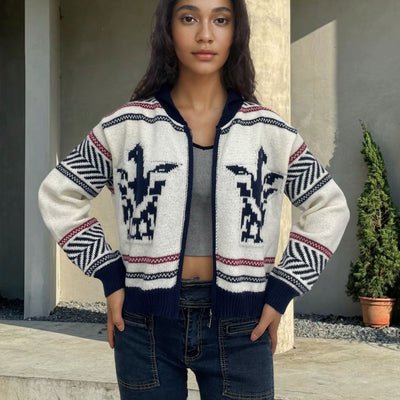 Women's Zipper Cardigan Lapel Short Jacquard Contrast Color Sweater