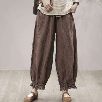 Womens Coffee-Colored Artistic And Fashionable Patchwork Linen Carrot Pants