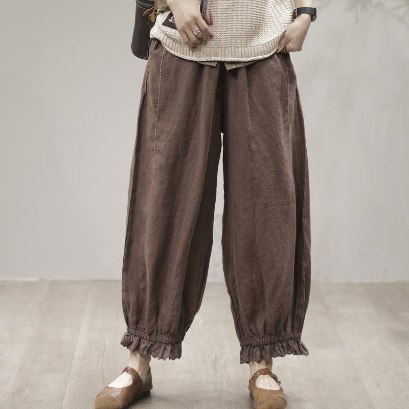 Womens Coffee-Colored Artistic And Fashionable Patchwork Linen Carrot Pants