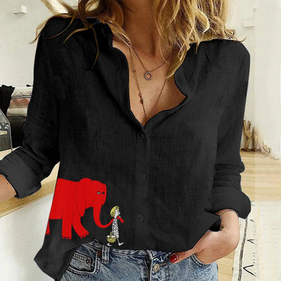 Camicia da donna a maniche lunghe con stampa di elefanti