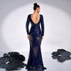 Abito da sera lungo da banchetto con paillettes, manica lunga, scollo a giro, elegante e sexy