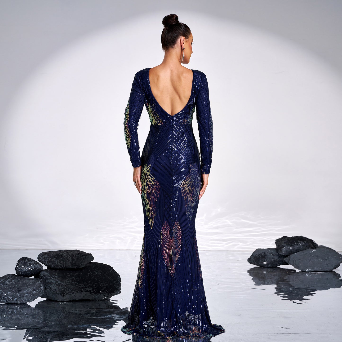 Abito da sera lungo da banchetto con paillettes, manica lunga, scollo a giro, elegante e sexy