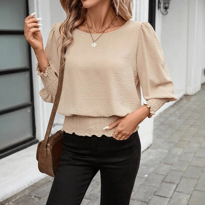 Loose Plus Size Crew Neck Solid Color Smocking Shirt Lantern Sleeve