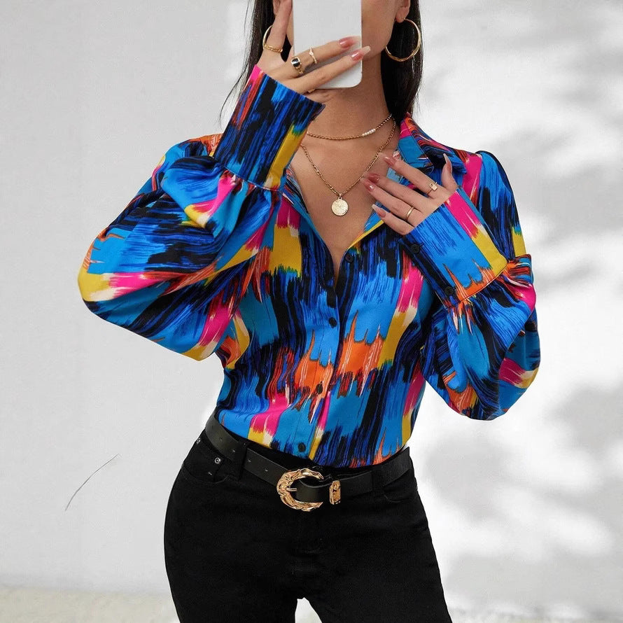 Womens Fashion Printed Lantern Sleeve Colorblock Loose Top
