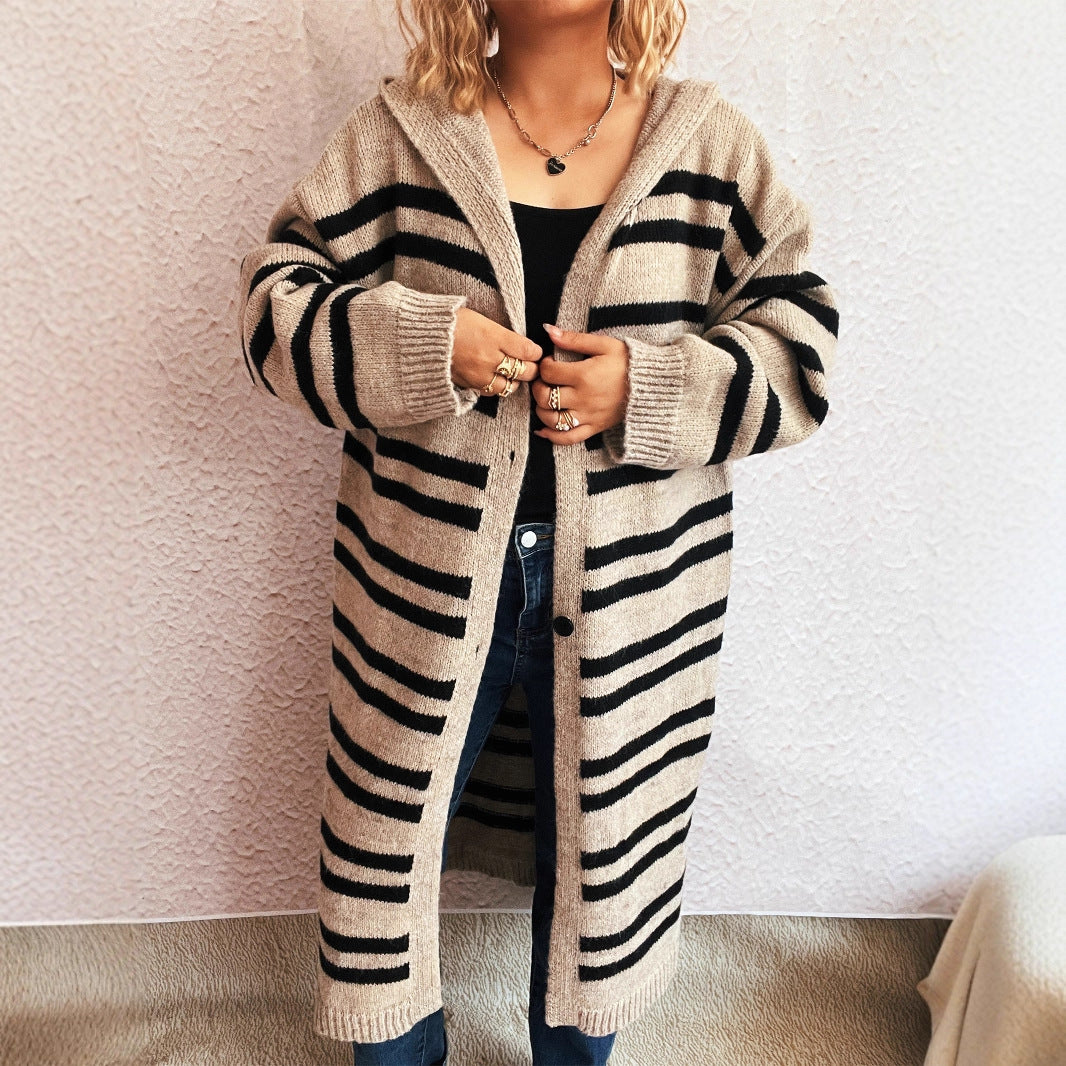 Hooded Color Contrast Striped Retro Casual Loose Sweater