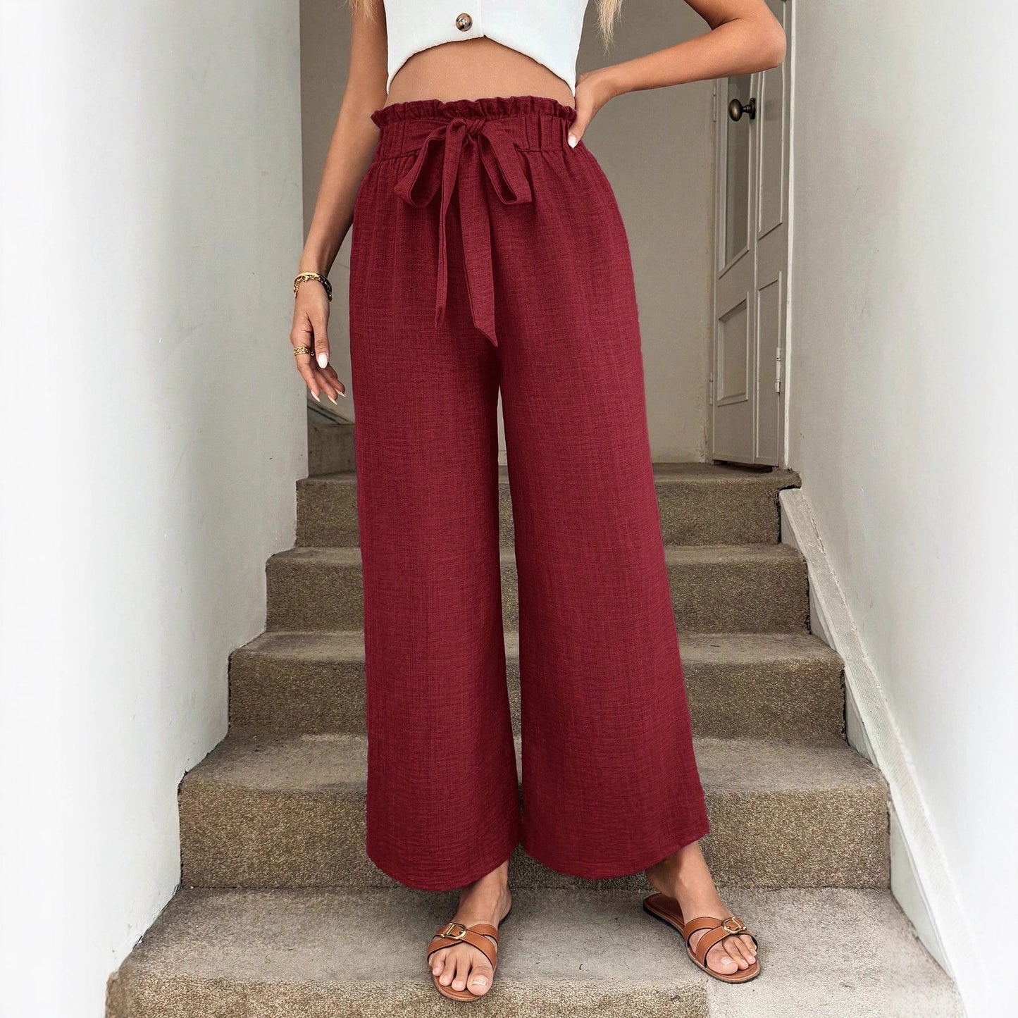 Pantaloni Larghi Casual da Resort con Fascia in Vita a Fiocco