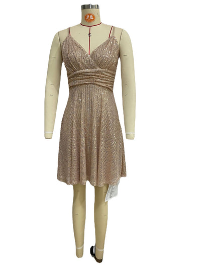 Nuovo Abito Sexy da Donna Autunno Inverno, con Paillettes, Pieghe e Spalline Incrociate, Stile Vacanza