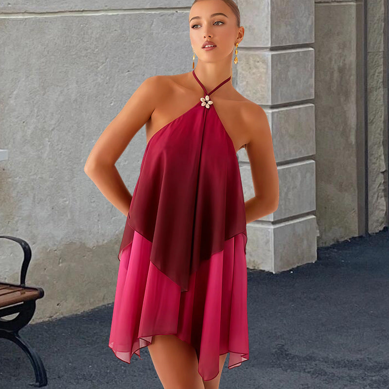 Mesh Gradient Color Halter Loose Dress
