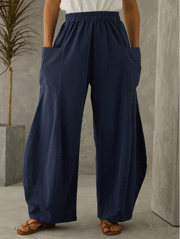 Solid Color Pocket Elastic Waist Casual Trousers