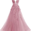 Women's Spaghetti Strap Tulle Long Applique Lace Dress With Long Dress