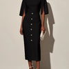 Summer Solid-Color Crew-Neck Defined-Waist Dress With Slit And Buttons