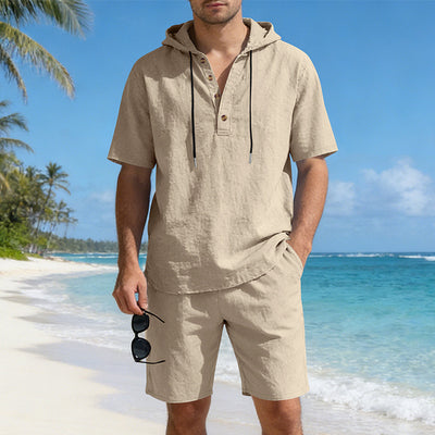 Completo casual da uomo in lino, ampio e traspirante con cappuccio