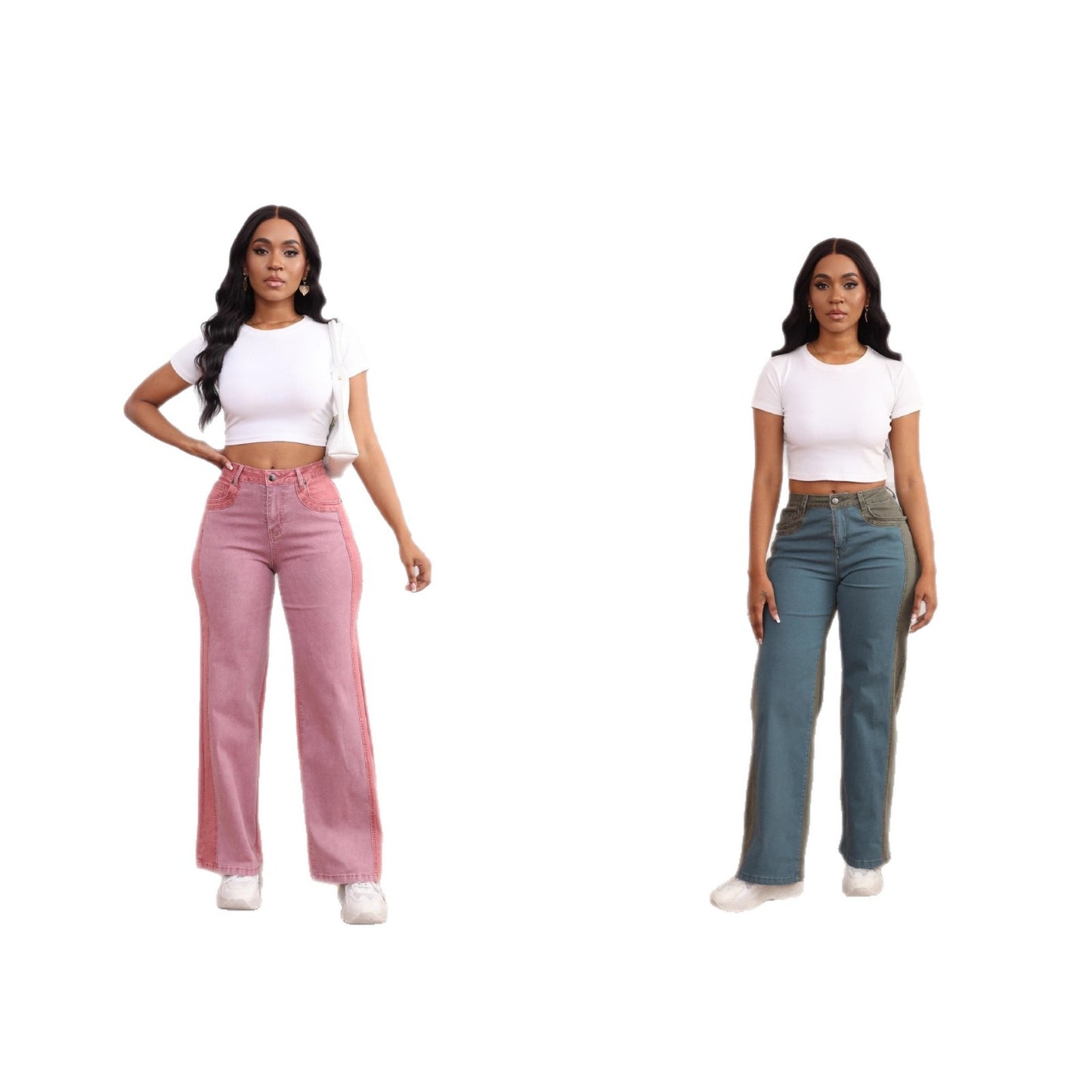 Pantaloni da donna in denim elasticizzato slim-fit a gamba larga con inserti a pannello
