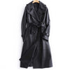 Black Long Tie Double Breasted Leather Wind Coat