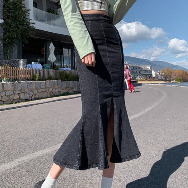 Short High-waisted Slit Mermaid Denim Skirt