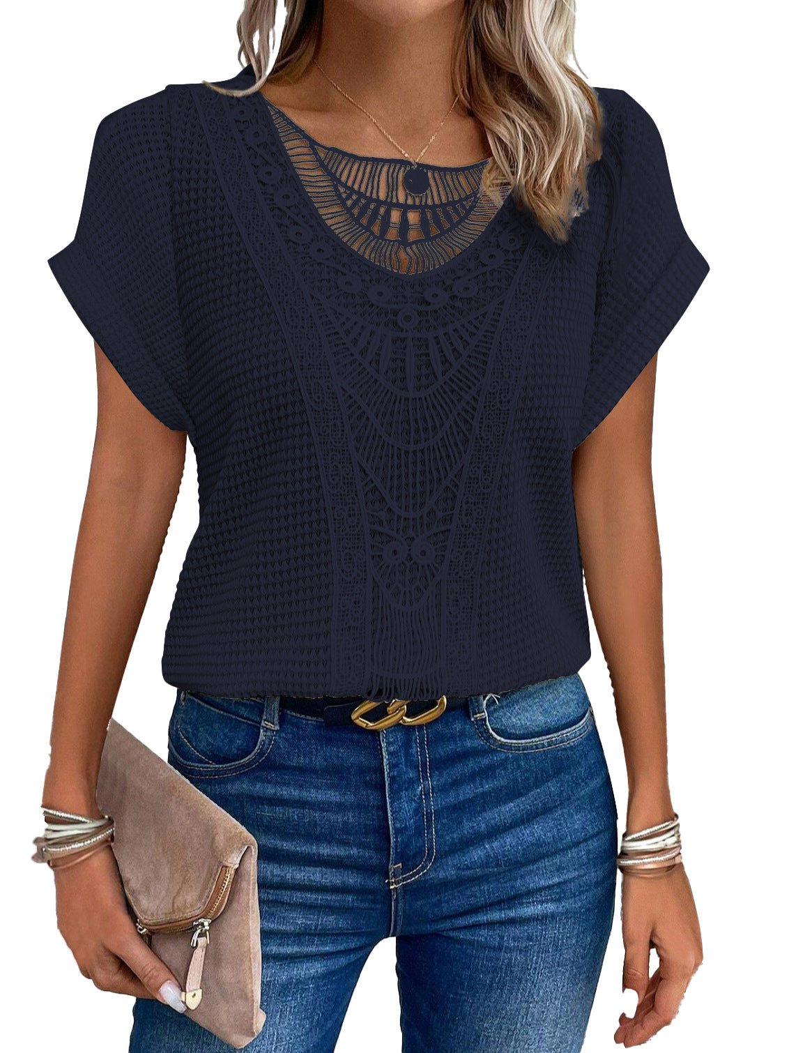 T-shirt a maniche corte taglie forti con patchwork di pizzo traforato, sito indipendente, transfrontaliero
