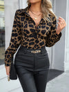 Camicia casual a maniche lunghe da donna con fibbia e colletto con stampa leopardata