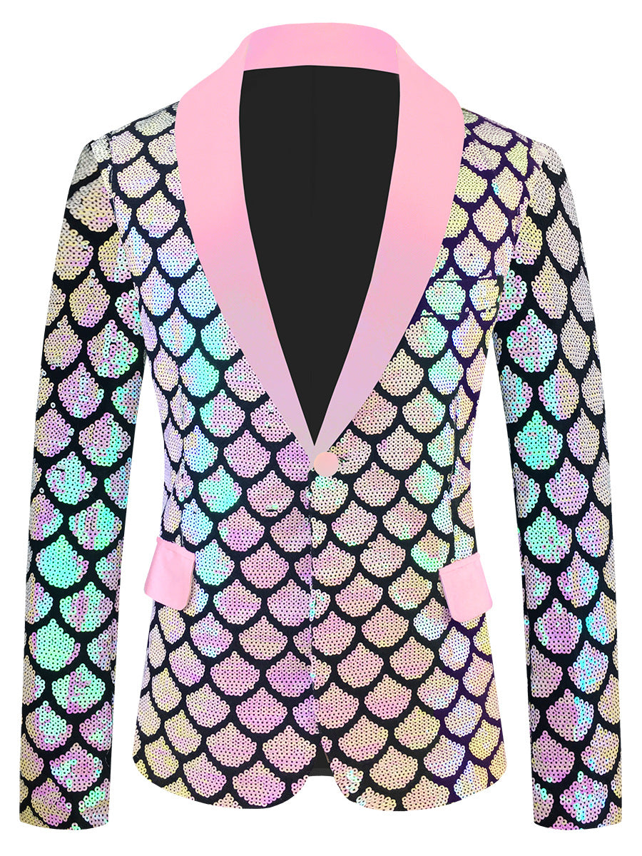 Costume maschile in velluto colorato con paillettes a squame reversibili
