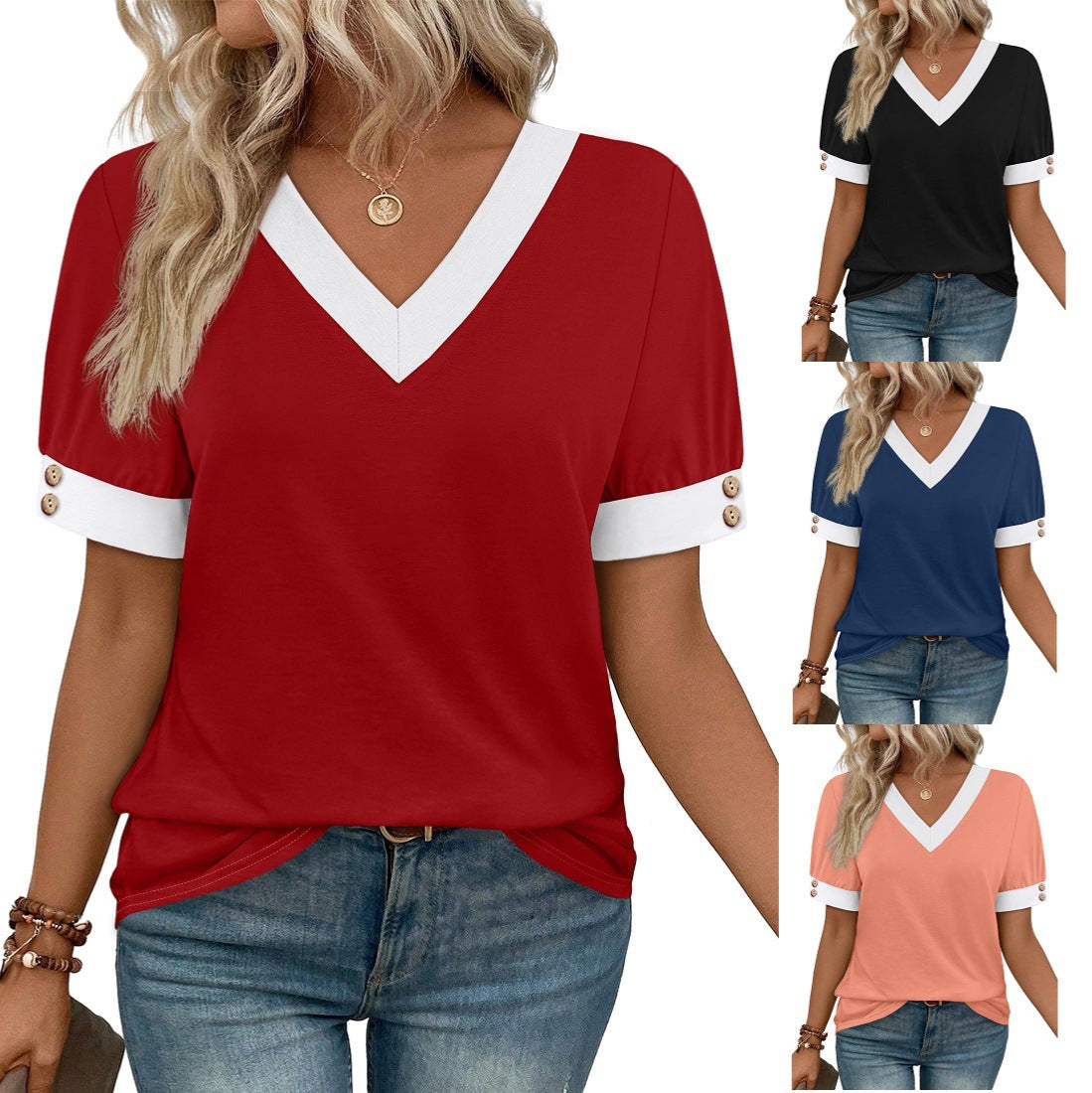 Top smanicato con scollo a V, abbinabile, abbottonato, a maniche corte, a contrasto di colore