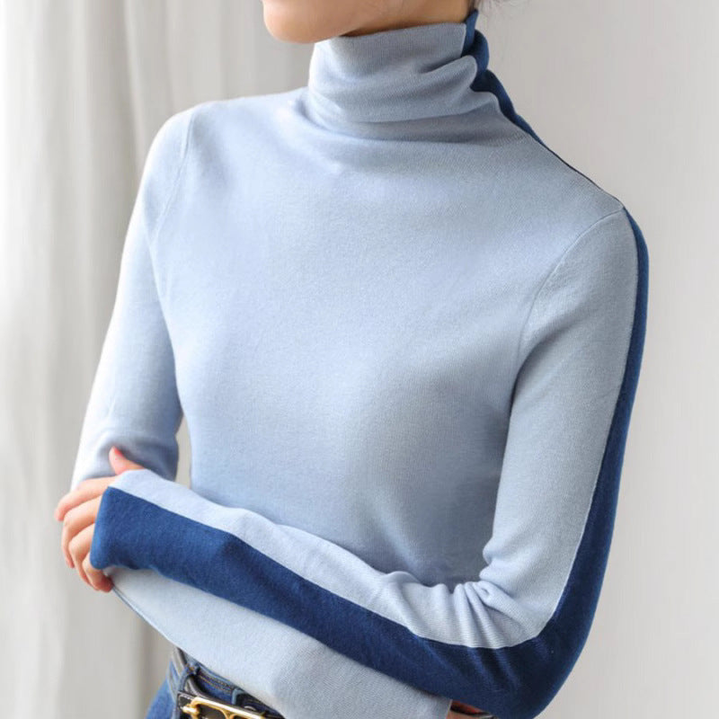 Two-tone High Neck Inner Wear Front And Back Color Matching Sweater Bottoming Shirt Blue