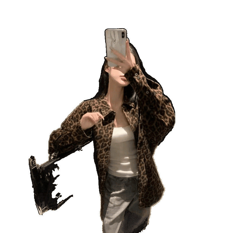 Cappotto da donna retrò a maniche lunghe con risvolto e stampa leopardata