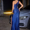 Abito da sera elegante con spacco monospalla e strass