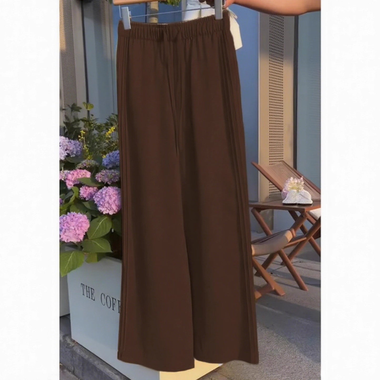 Ladies New Holiday Leisure Pure Color All-matching Drawstring Button Straight-leg Wide-leg Pants