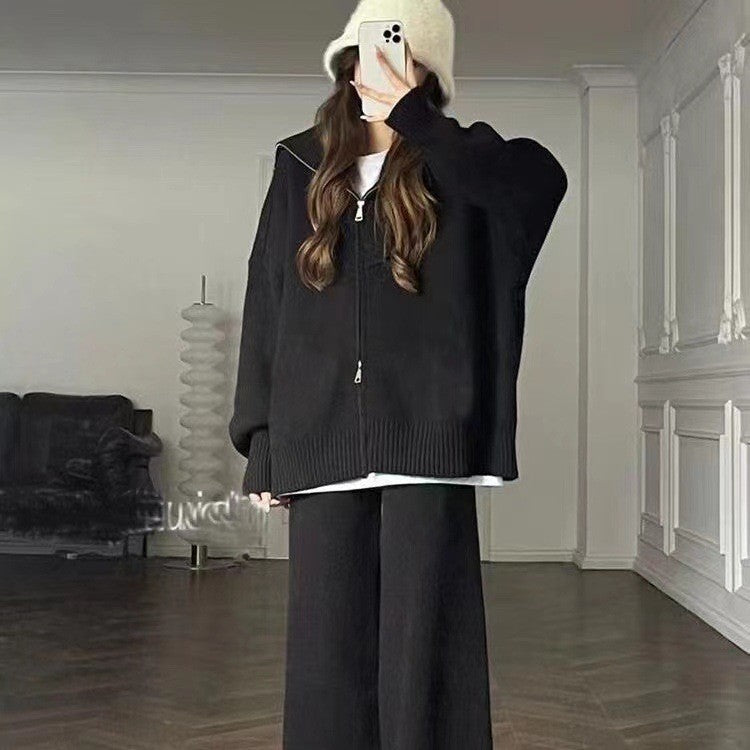 Cardigan lavorato a maglia con cerniera, pantaloni larghi a tinta unita, set da due pezzi