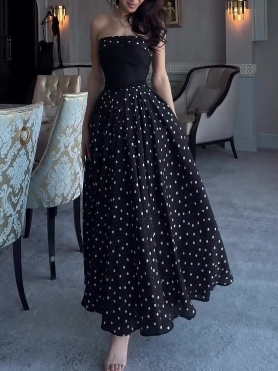 Black Strapless Polka Dot Full Skirt Maxi Dress