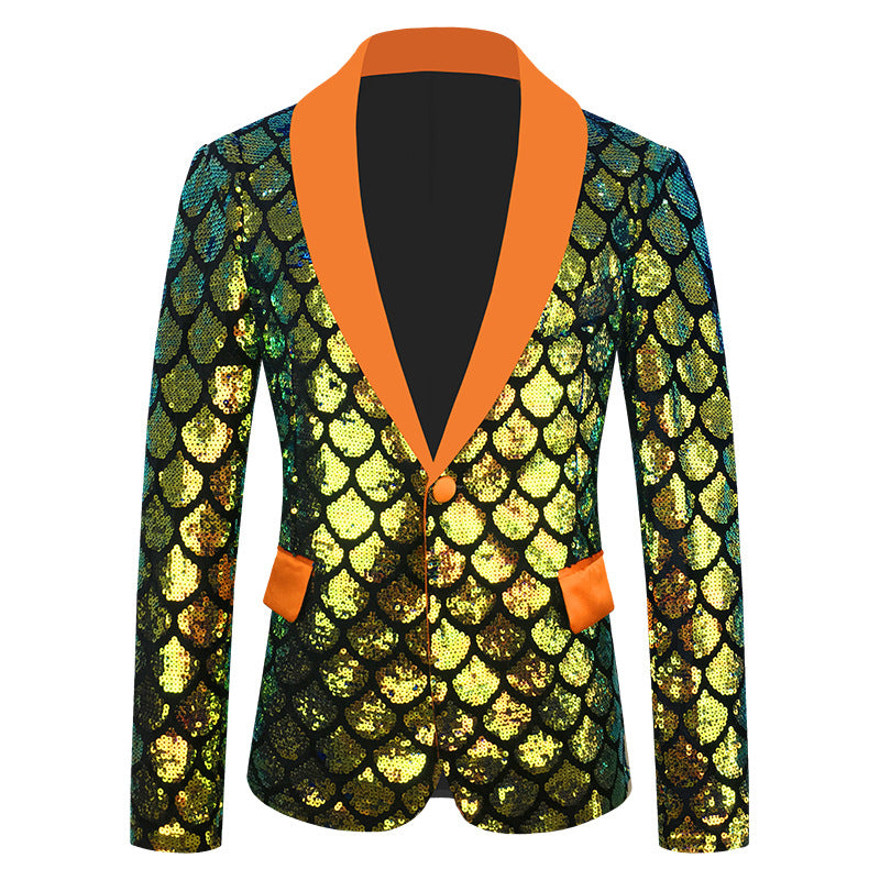 Costume maschile in velluto colorato con paillettes a squame reversibili