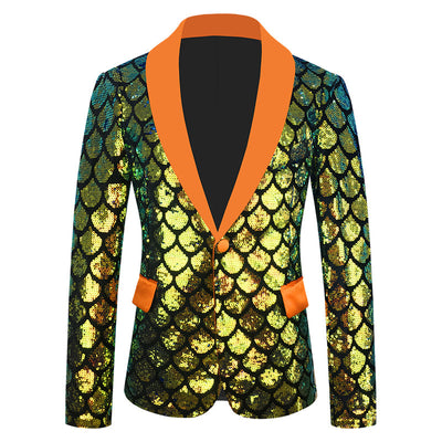 Costume maschile in velluto colorato con paillettes a squame reversibili