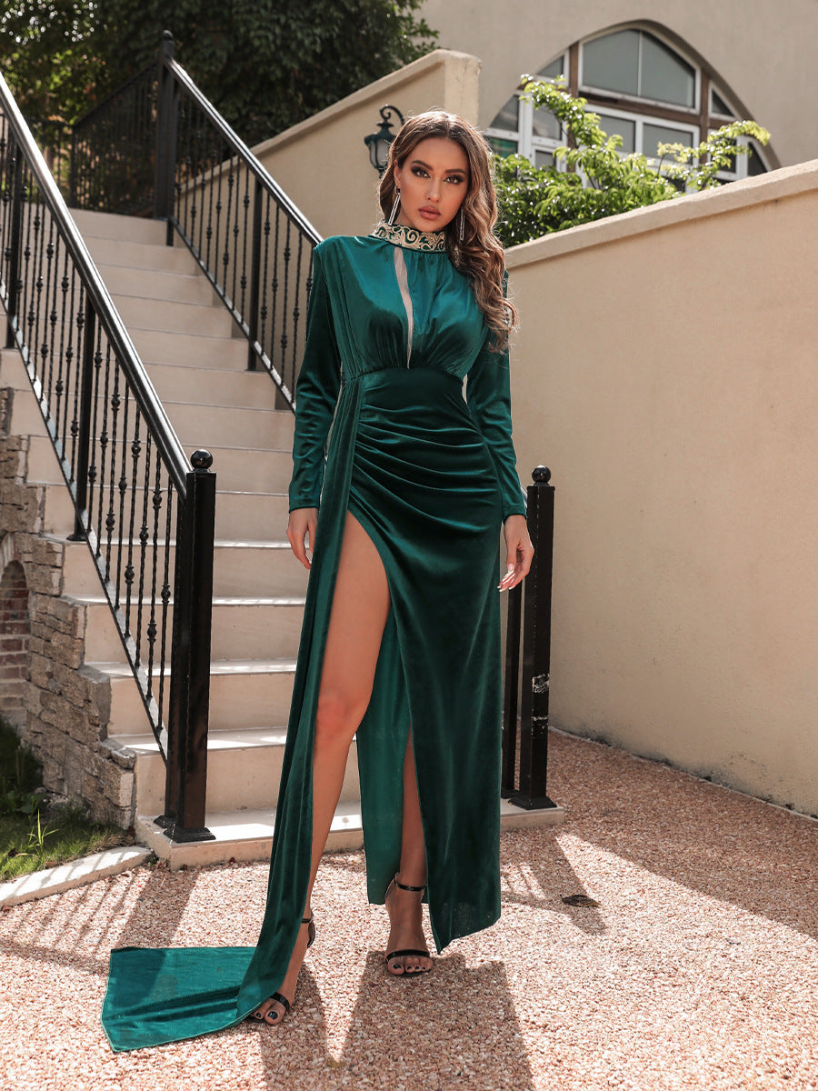 Vestito da sera sexy a collo alto in velluto coreano da donna