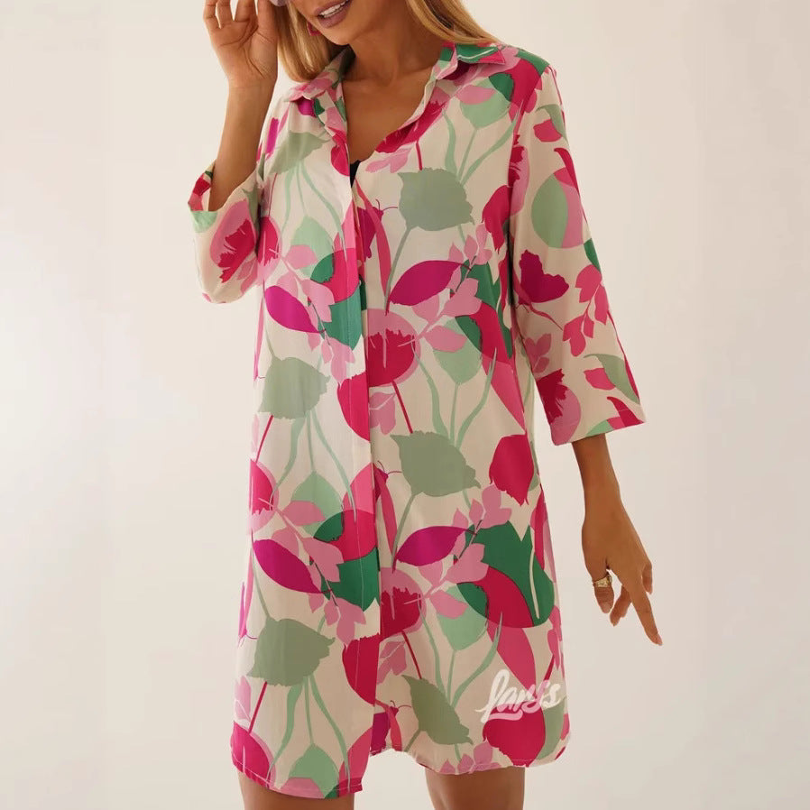 Fashionable Printed Lapel Cardigan Dress