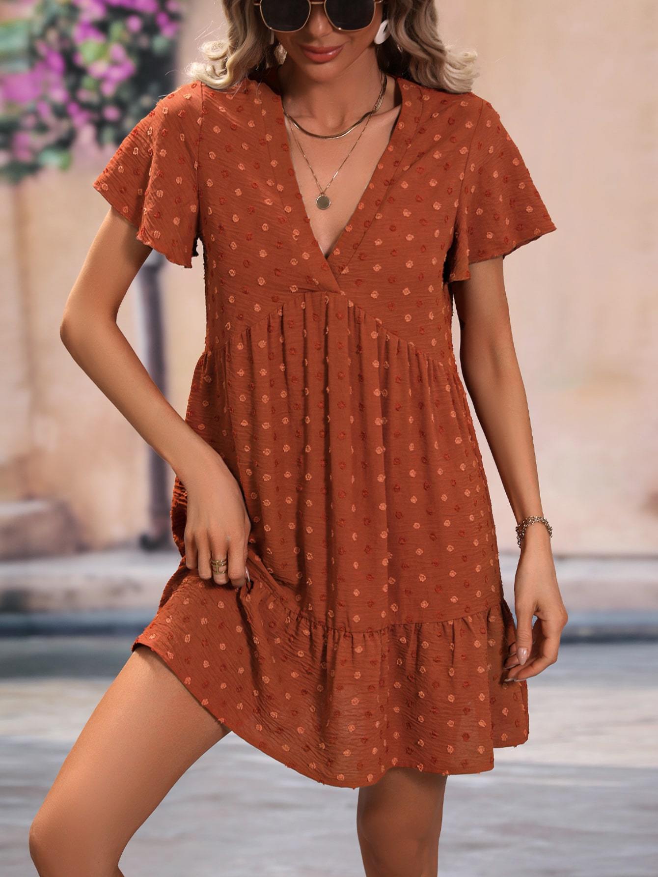 Dot Butterfly Sleeve Ruffle Hem Smock Dress