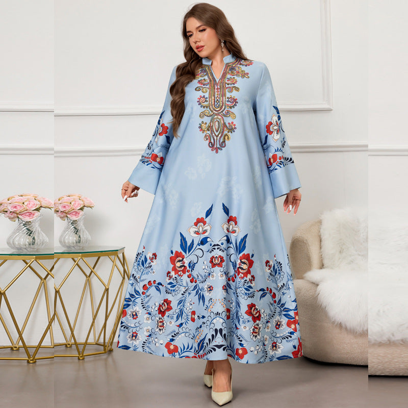 Womens Long-sleeve Printed And Embroidered Dress