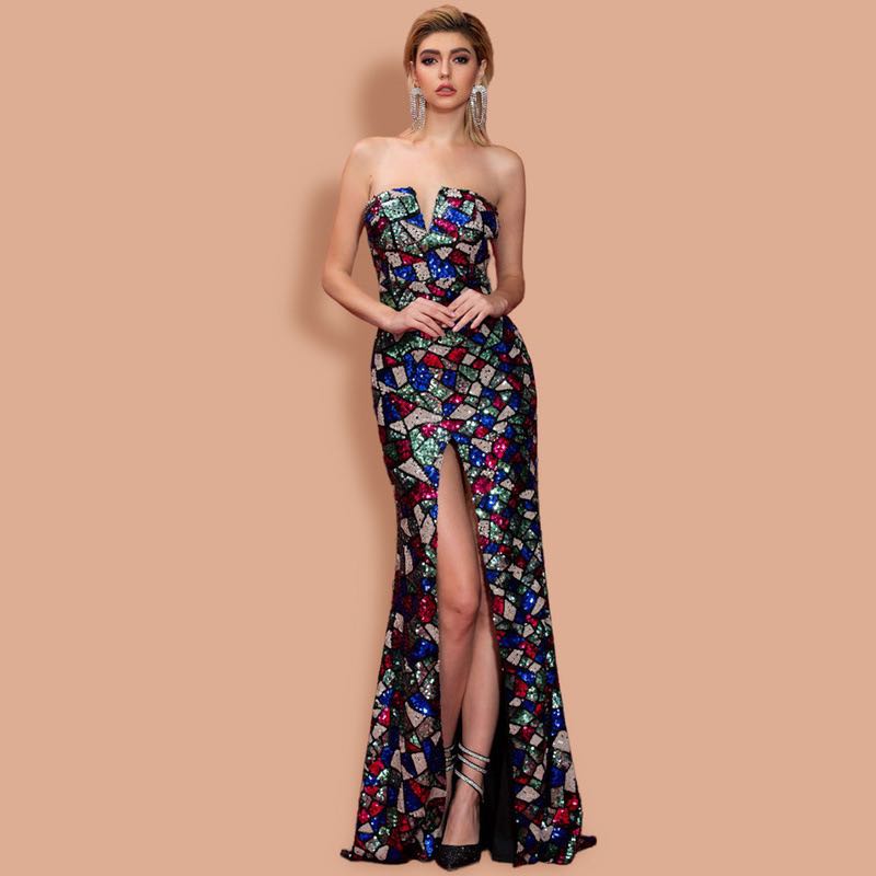 Donne Sexy Scollo a V Senza Spalline Paillettes Ma